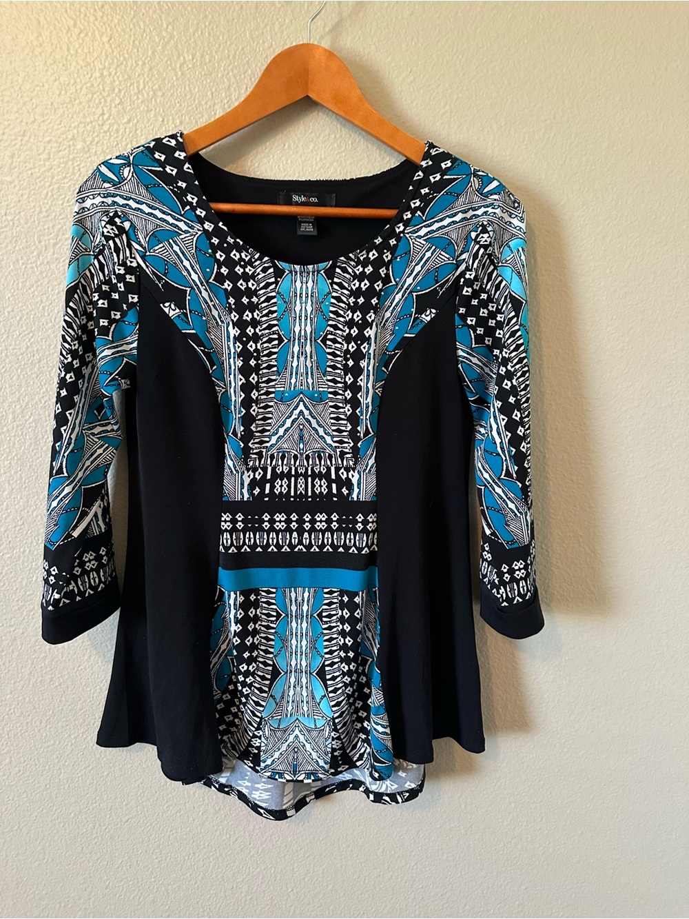 Style & Co. Black & Teal Geometric Panel Tunic